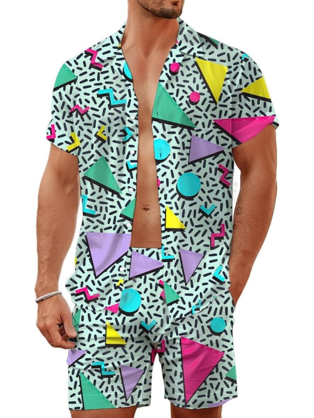 Retro Neon Hawaiian Shirt for Men | 80s 90s Rave Disco Glow Party Top